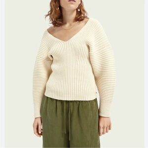 NWT Scotch & Soda Ribbed Cream Double V- neck Sweater large $189